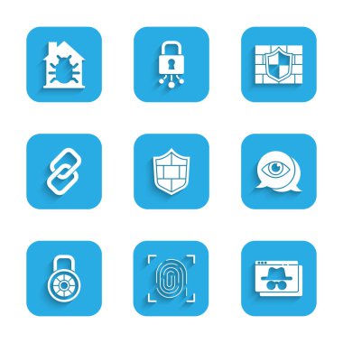 Kalkanı tuğla duvar, parmak izi, tarayıcı takma adı pencere, göz taraması, güvenli kilit, zincir bağlantısı ve House sistem hata simgesi ile ayarla. Vektör