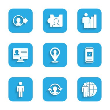 Kişiye, insan kaynaklarına, kafa avına, akıllı telefona, kullanıcıya, monitör özgeçmişine, üretken insana ve hesap ekran simgesine sahip bir konum belirle. Vektör