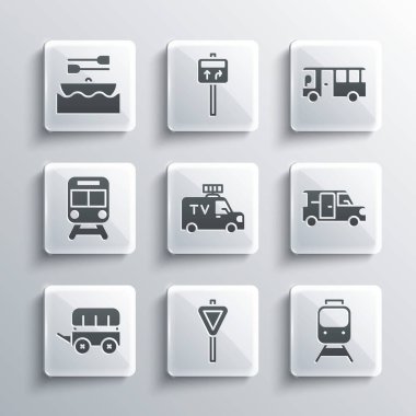 Trafik levhası, tren ve tren yolu, Minibus, TV haber aracı, Vahşi Batı koruma vagonu, kürekli tekne ve otobüs ikonu. Vektör