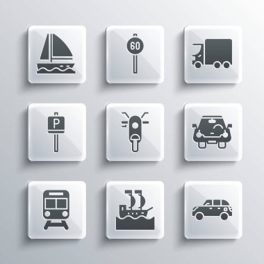 Yelkenli, Hatchback, Car, Scooter, Tren ve Demiryolu, Park, Yat yelkenlisi ve kargo kamyonu ikonu. Vektör