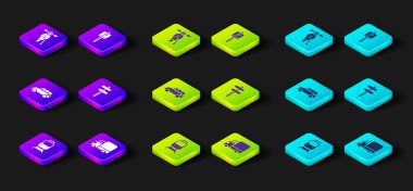 Tren ve demiryolu, kargo kamyonu, Hatchback, trafik levhası, park yeri ve Scooter ikonu. Vektör