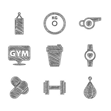 Fitness sallayıcısı, Dumbbell, kum torbası, Smartwatch, spor beslenmesi, spor salonu, ıslık ve ikon. Vektör