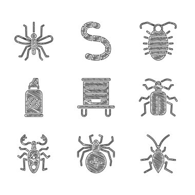Arılar için Kovan, Örümcek, Hamamböceği, Böcek, Böcek, Böcek, Böcek, Böceklere karşı Sprey, Larva ve Sivrisinek ikonu. Vektör