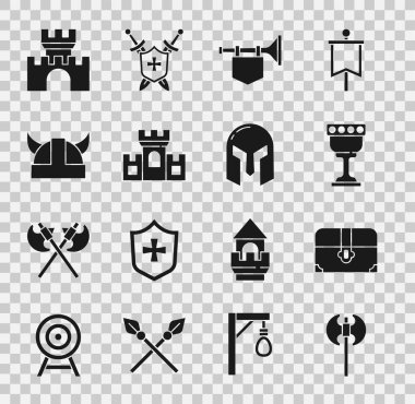 Ortaçağ baltası, antik hazine sandığı, kadeh, bayraklı trompet, kale, boynuzlu kasklı Viking ve demir ikon koyun. Vektör