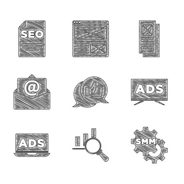 Müşteri ürün sınıflandırmasını, büyüteç ve analizi, sosyal medya pazarlama, reklam, e-posta, Tarayıcı penceresi ve SEO optimizasyon simgesini ayarla. Vektör