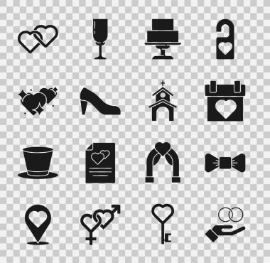 Evlilik yüzükleri, papyon, takvim, pasta, kadın ayakkabısı, İki Bağlı Kalp ve kilise binası ikonu. Vektör