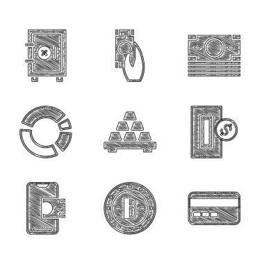 Altın külçeleri, Bitcoin, Kredi kartı, Inserting, Mobil bankacılık, Pasta grafiği bilgileri, kağıt para yığını ve kasa simgesi. Vektör