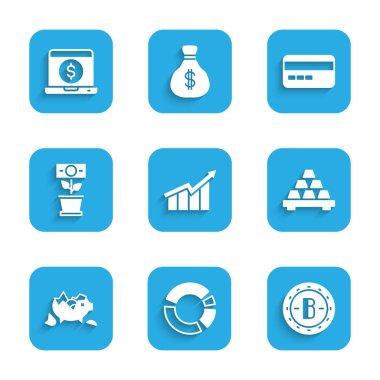 Finansal büyüme artışı, pasta grafiği bilgisi, Bitcoin, Gold bar, bozuk domuz kumbarası, para santrali, kredi kartı ve dolar ikonlu dizüstü bilgisayar. Vektör