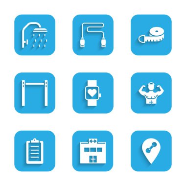 Akıllı saat, jimnastik salonu, vücut geliştirici kas, spor eğitim programı, yatay bar, mezura ve duş başlığı ikonu. Vektör