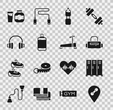 Konum jimnastik salonu, soyunma odası, spor çantası, bir şişe su, yumruk, kulaklık, spor beslenme ve koşu bandı makinesi ikonu. Vektör