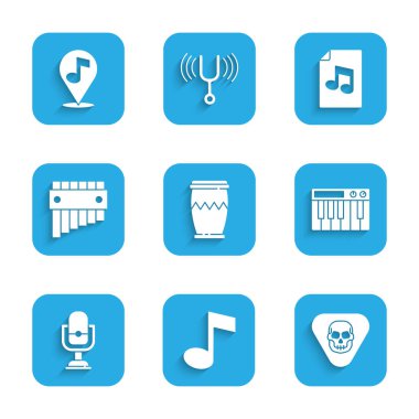 Bateri, müzik notası, ton, gitar penası, sentezleyici, mikrofon, Pan flütü, kitap ve konum müzik ikonu. Vektör