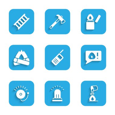 Telsizi ayarla, alarm zilini çal, yangını söndür, 911 'i ara, Kamp Ateşi, Çakmak ve İtfaiye merdiveni ikonu. Vektör