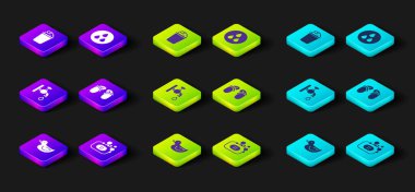 Kauçuk ördek, sabun, musluk, parmak arası terlik, köpüklü kova. Vektör