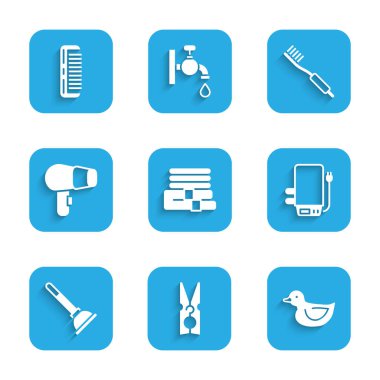 Havlu destesi, toka, lastik ördek, elektrikli kazan, pompa, saç kurutma makinesi, diş fırçası ve saç fırçası ikonu. Vektör