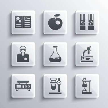 Test tüpünü standa, ateşe, mikroskoba, elektronik teraziye, laboratuvar asistanına, klinik kayıtlara ve tıbbi kauçuk eldiven ikonuna ayarla. Vektör