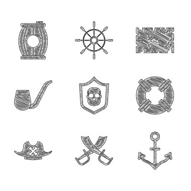 Korsan kafatasları, çapraz kılıçlar, çapraz bağlar, Lifebuoy, korsan şapkası, tüten pipo, hazine haritası ve barut fıçısı ikonu yerleştirin. Vektör