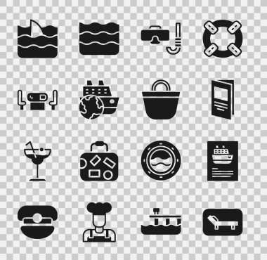 Güneş yatağı ve şemsiyesi, gezi gemisi, broşür, dalış maskesi, poker masası, köpekbalığı yüzgeci okyanus dalgası ve plaj çantası ikonu. Vektör