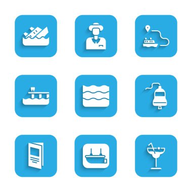 Wave, Lifeboat, Cocktail, Ship bell, Brochure, Beach Pier Rıhtımı, Hat Yolu ve Batan Yolcu Gemisi simgesi. Vektör