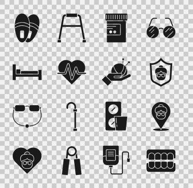 Sahte çene, huzurevi, büyükanne, ilaç şişesi hapları, kalp atış hızı, yatak, terlik ve örgü iğneleri ikonlu iplik topu. Vektör