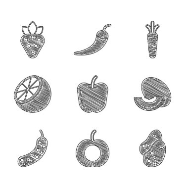 Elma, şeftali, patates, kavun, salatalık, portakal, havuç ve çilek ikonu. Vektör