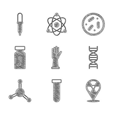 Tıbbi lastik eldiven, test tüpü ve matara, radyoaktif mekan, DNA sembolü, molekül, bakteri ve Pipette ikonlu Petri kabı. Vektör