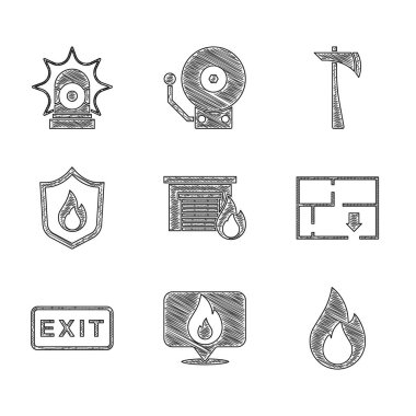 Yanan garajda yangın, yangın alevi, tahliye planı, çıkış, koruma kalkanı, itfaiyeci baltası ve Flasher Siren ikonu. Vektör