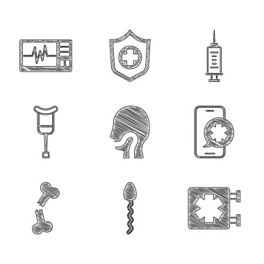 Boğaz ağrısı, sperm, acil durumun tıbbi sembolü, telefon çağrısı, kırık kemik, koltuk değnekleri, şırınga ve kardiyogram ikonlu monitör. Vektör