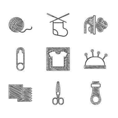 Dikiş desenini, makası, fermuarı, iğneyi ve iğneyi, tekstil kumaş rulosunu, emniyet iğnesini, elektrikli ütüyü ve iplik top ikonunu ayarlayın. Vektör
