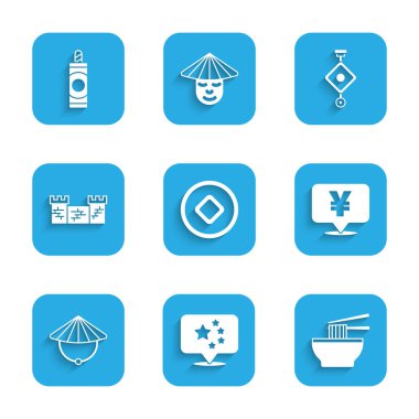 Çin Yuan parası, Çin bayrağı, Asya erişte kasesi, konik hasır şapka, büyük duvar, kağıt fener ve havai fişek ikonu. Vektör