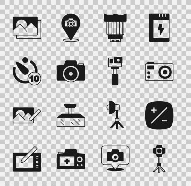 Softbox ışığı, pozlama tazminatı, fotoğraf makinesi, fotoğraf objektifi, zamanlayıcı, çerçeve ve eylem simgesi ayarla. Vektör