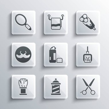 Berber direği, makas kuaförü, faraş, tıraş jeli köpüğü, fırça, bıyık, el aynası ve elektrikli tıraş bıçağı ikonu. Vektör