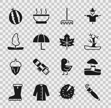 Şemsiye, mantar, çıplak ağaç, bahçe tırmığı, ağaç, karpuz ve yaprak ya da yaprak ikonu. Vektör