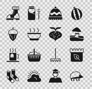 Kirpi, sonbahar yapraklı takvim, mantar, kış şapkası, bir kase sıcak çorba, meşe palamudu, su geçirmez lastik bot ve pancar ikonu. Vektör