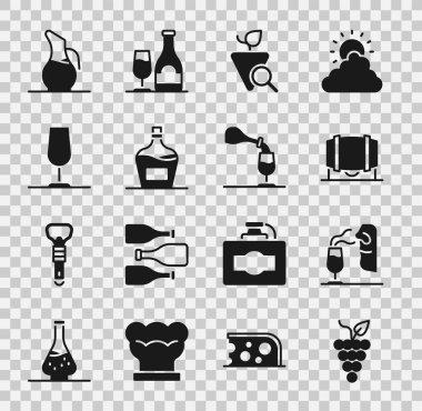 Bir demet üzüm, şarap garsonu, şarap fıçısı, üzüm, eski şişe, şarap kadehi, süsleme ve tatma ikonu. Vektör