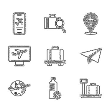 Taşıyıcı bandı bavulla ayarla, su şişesi yok, ölçek yok, kağıt uçak, dünya uçuşu, uçak ve mobil bilet ikonu. Vektör