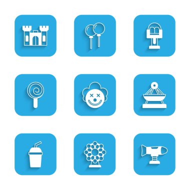 Palyaço kafası, dönme dolap, salıncak, salıncak, su dolu kağıt bardak, lolipop, atlıkarınca ve kale ikonu. Vektör