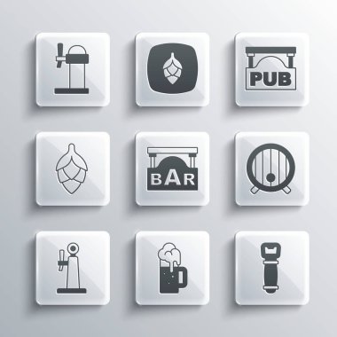 Ahşap bira bardağı, şişe açacağı, fıçı, Bar, bira musluğu, Hop, Dispenser ve Pub ikonu ile sokak tabelası koyun. Vektör