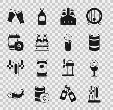 Bira fıçısını cama, bir bardak biraya, metal fıçıya, paket şişelerine, tahta fıçıya ve ikona ayarlayın. Vektör