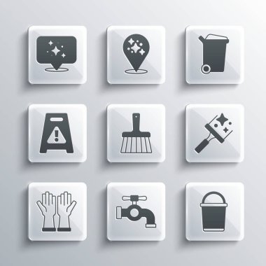 Su musluğu, kova, cam temizleyicisi, süpürge, eldiven, ıslak zemin, temizlik servisi ve çöp tenekesi ikonu. Vektör