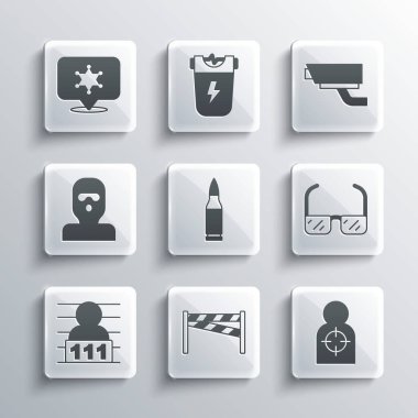 Suç mahalli, atış için insan hedef sporu, güvenlik gözlüğü, mermi, şüpheli suçlu, hırsız maskesi, altı köşeli yıldız şerifi ve güvenlik kamerası ikonu. Vektör