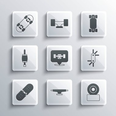 Kaykay tekerleği, araç alen anahtarları, kırık kaykay güvertesi, tornavida ve Longboard veya ikonu ayarlayın. Vektör