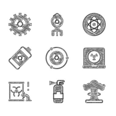 Radyoaktif, yangın söndürücü, nükleer patlama, laptop, atık varil, enerji bataryası, atom ve ikon ayarlayın. Vektör