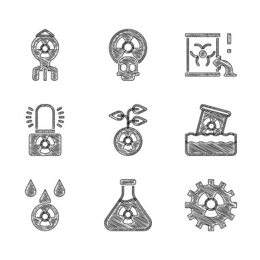 Radyoaktifi, test tüpü radyasyonunu, fıçıdaki atıkları asit yağmurunu, radyoaktif bulutu, uyarı lambasını ve nükleer bomba ikonunu ayarla. Vektör