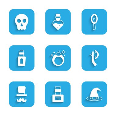 Sihirli taş yüzük, iksirli şişe, cadı şapkası, tahta balta, sihirbaz, el aynası ve Kafatası ikonu. Vektör