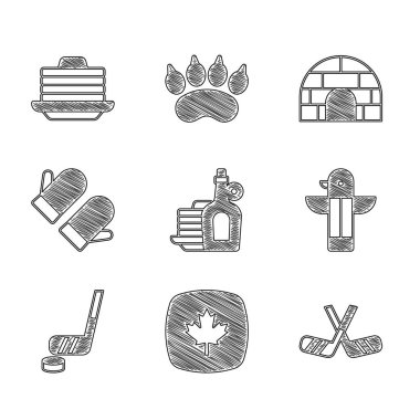 Krep şurubu, Kanada akçaağaç yaprağı, buz hokeyi sopaları, totem direği ve disk, Noel eldiveni, Igloo buz evi ve ikon yığını. Vektör