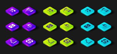 Megafon ayarlayın, 911 'i arayın, yangın alarmı sistemi, itfaiyeci kaskı, hortum makarası ve balta ikonu. Vektör