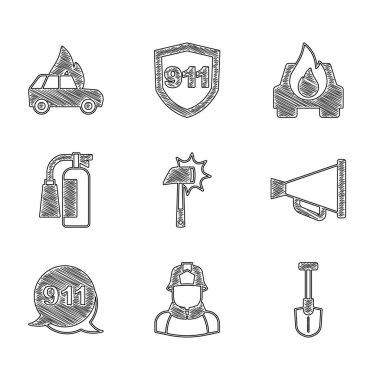 İtfaiyeci baltası, kürek, megafon, acil yardım çağrısı 911, yangın söndürücü, yanan araba ve ikon. Vektör