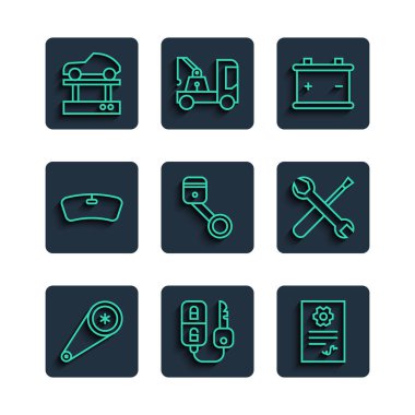 Hat zamanlayıcı kiti, uzaktan kumandalı araba anahtarı, otomobil kontrol otomotiv, pil, motor pistonu, ön cam, araba kaldırma, tornavida ve anahtar anahtarı ikonu. Vektör