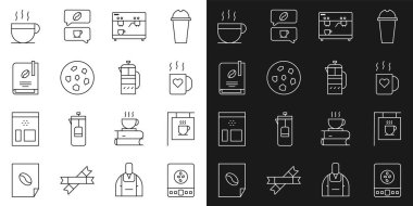 Elektronik kahve tartıları, sokak tabelası, kahve fincanı ve kalp, makine, kurabiye veya bisküvi, kitap ve Fransız basın ikonu. Vektör