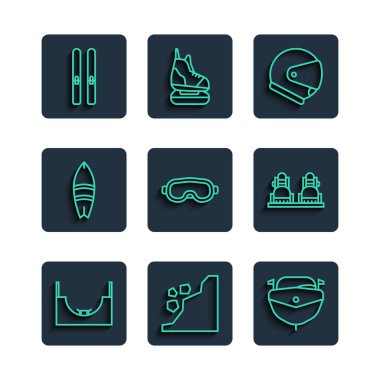 Çizgi kaykay parkı, heyelan, sürat teknesi, miğfer, kayak gözlükleri, sörf tahtası, çubuklar ve Snowboard simgesi. Vektör